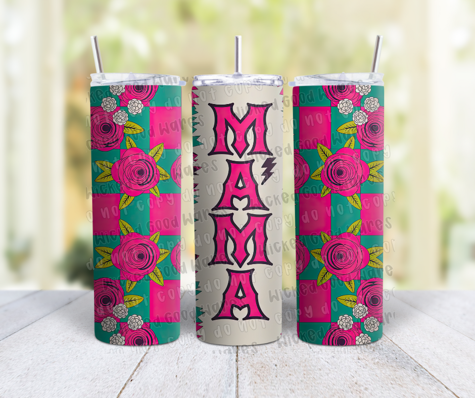 Pink & Teal Checkered Mama Tumbler